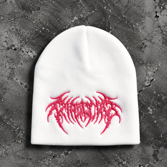 Pink Logo Embroidery Beanie: gorro beanie blanco con el logo Fire Club estilo metal bordado en rosa
