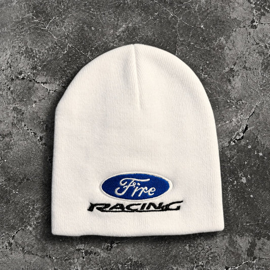 Rare Motorsport Beanie de Fire Club: gorro beanie blanco con el logo “Fire Racing” bordado en azul y negro